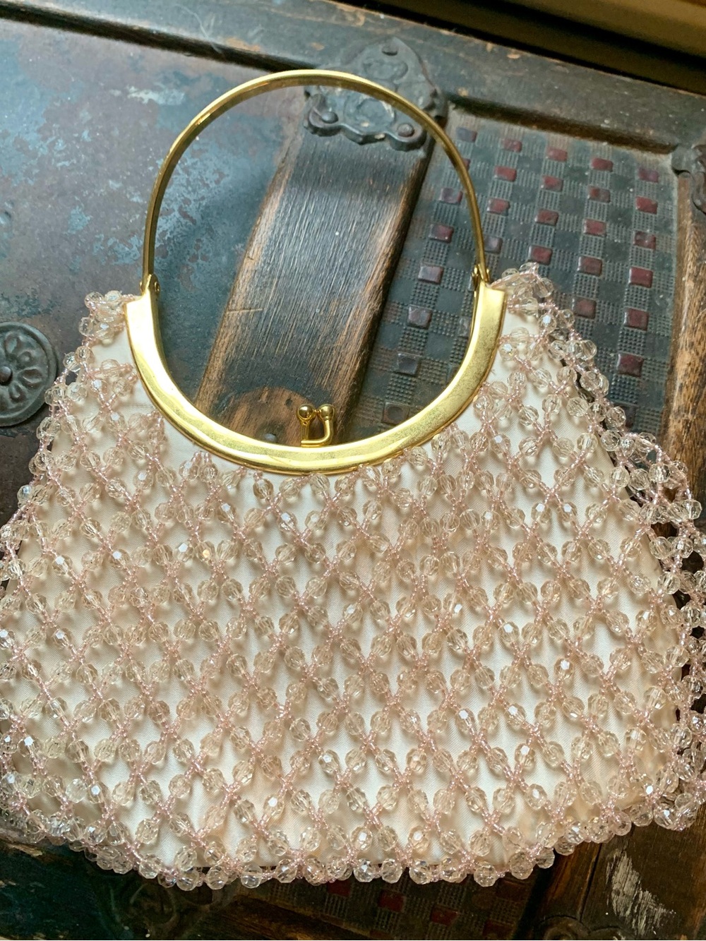Gold-Handle Ivory Beaded Evening Bag